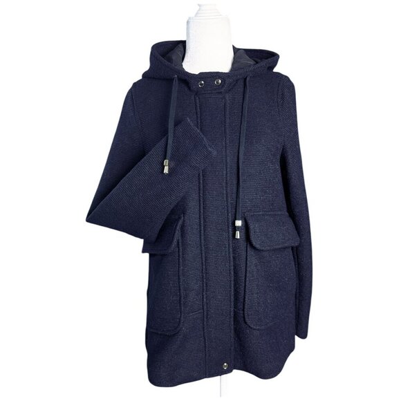 ZARA Hooded Wool Blend Swing Jacket Pea Coat Navy Blue Women's Size SM - Picture 8 of 8